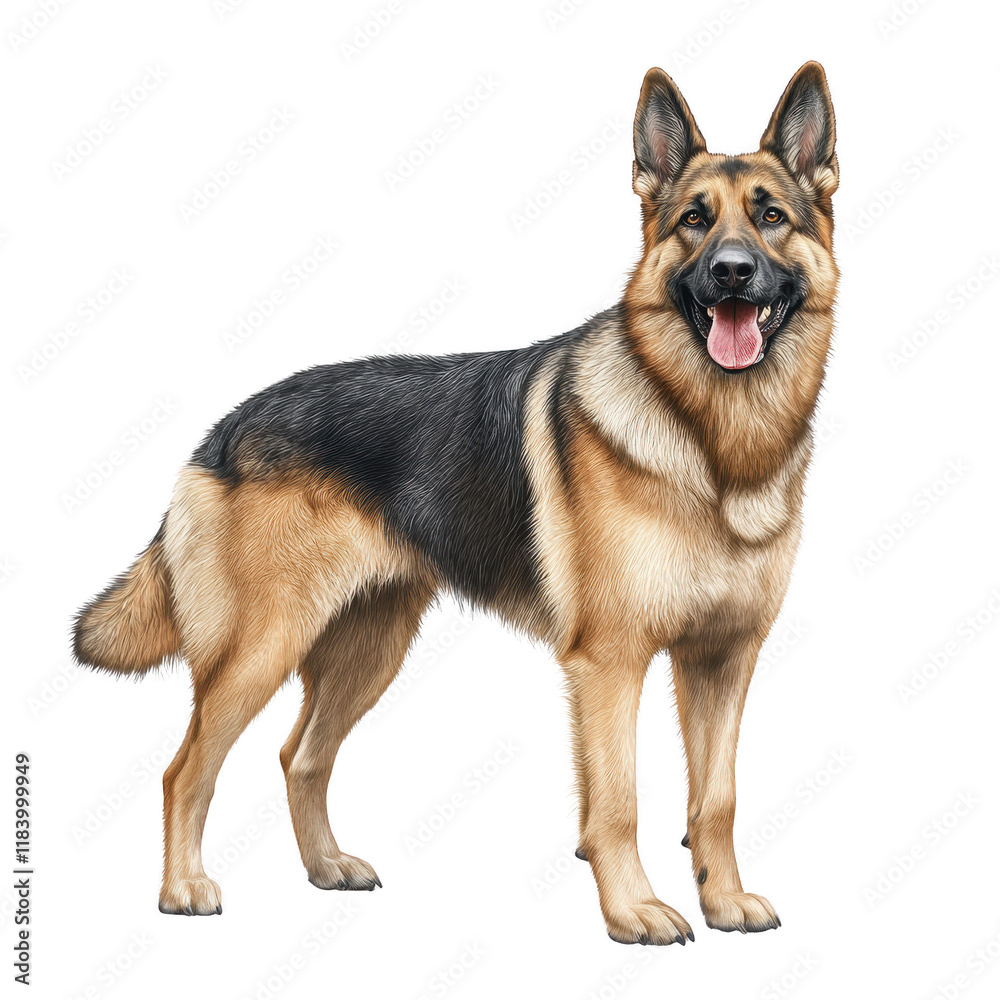 German shepherd dog standing proudly with happy expression German shepherd dog standing proudly with happy expression