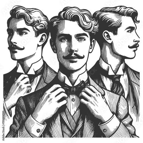 stylish gentlemen with mustaches, dressed in classic suits, adjusting their ties and collars sketch engraving generative ai vector illustration. Scratch board imitation. Black and white image.