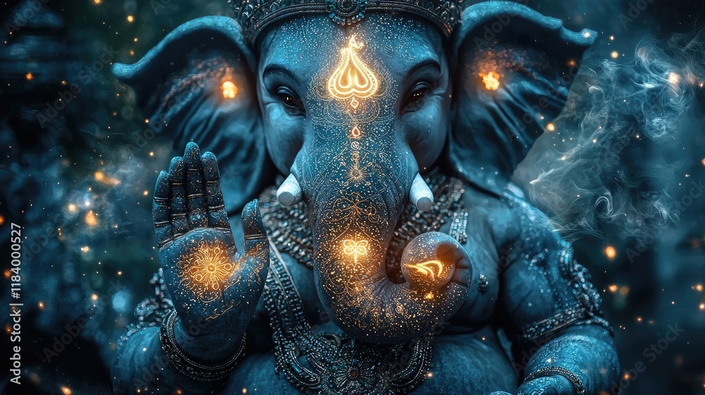 Close-up of Lord Ganesha with intricate detailing, holding a glowing symbol in his hand surrounded by ambient light. Generative by AI.