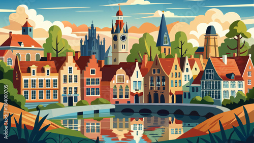 Panoramic city view with historical houses, church, Belfry tower and famous canal in Bruges, Belgium.