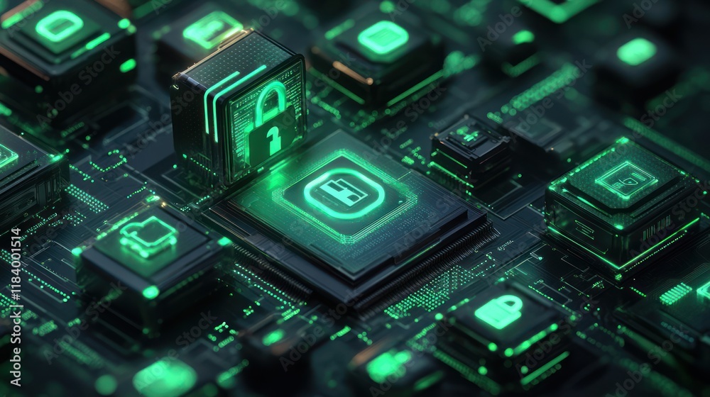 Obraz premium Secure Data Encryption, Circuit Board, Digital Lock, App Icons, Cyber Security