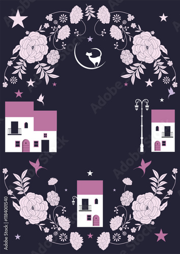 Ornamental frame of flowers houses and animals for fables and fairy tales. Vintage style storybook cover