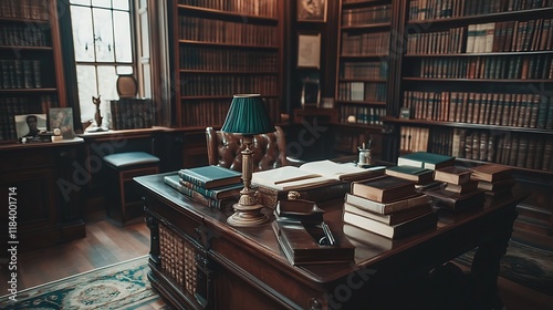 Wallpaper Mural Antique library study with desk, books, and lamp. Torontodigital.ca