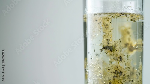 Close-up of a glass of water with a faint greenish tint, symbolizing arsenic contamination, on a plain white background with copy space. Environmental pollution and toxic substance danger concept.