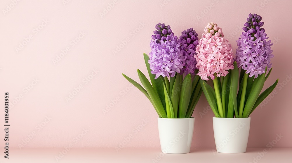 Purple and pink hyacinths on pastel pink background Purple and pink hyacinths on pastel pink background