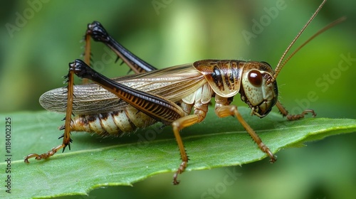 Macro Photography of a Grasshopper on a Leaf