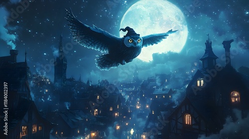 A majestic owl dressed in a tiny witch's hat and cape, soaring gracefully over a moonlit village with glowing windows and shadowy rooftops under a star-filled sky  photo