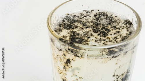 Close-up of a glass of water with a faint greenish tint, symbolizing arsenic contamination, on a plain white background with copy space. Environmental pollution and toxic substance danger concept.