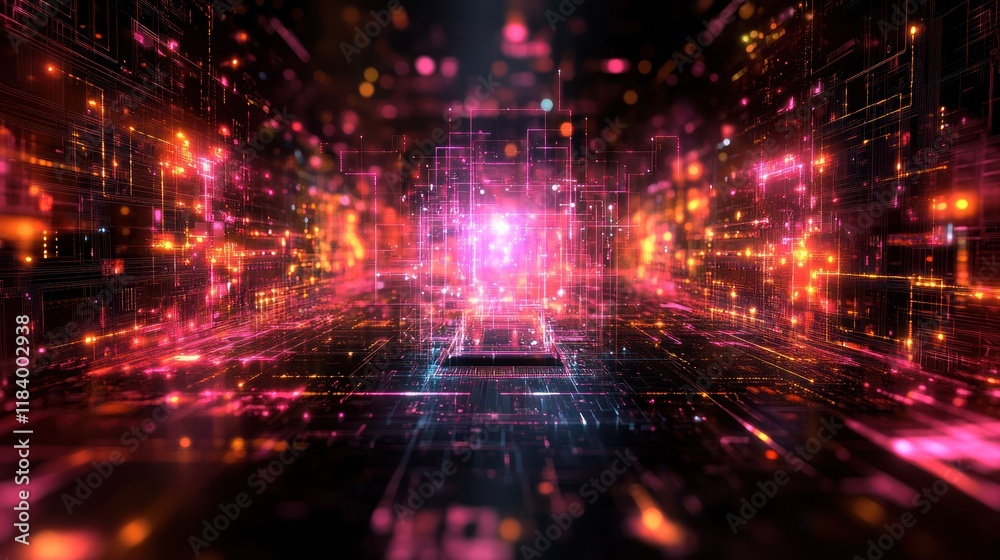 Obraz premium Glowing digital city core, data streams, abstract background, tech concept