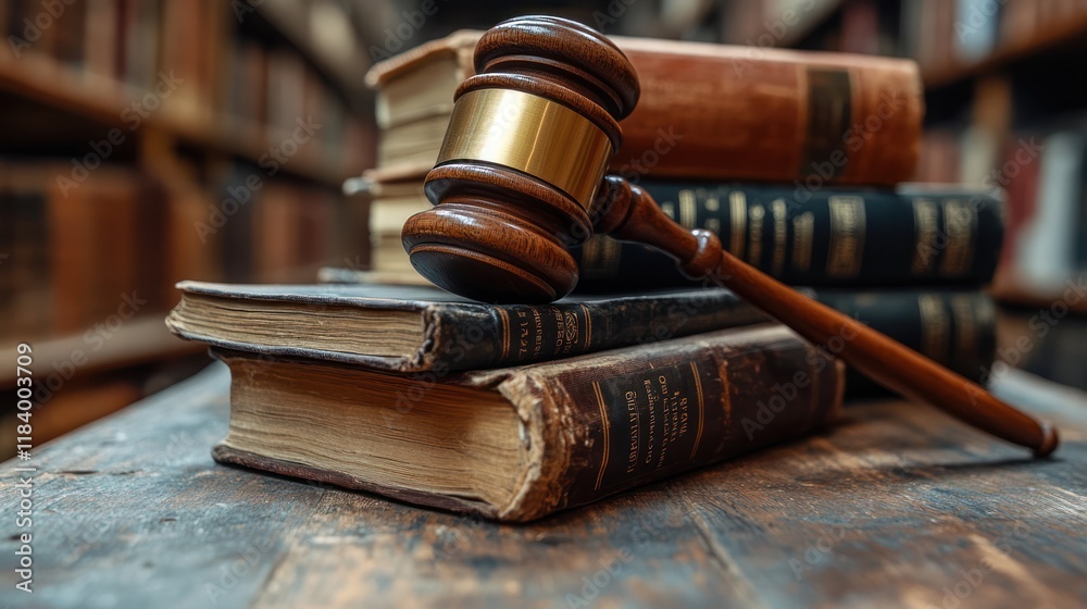 Gavel rests on old law books in library Gavel rests on old law books in library