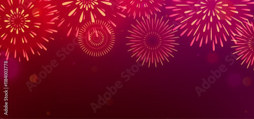 Firework vector background. Realistic blur light fire work banner. Color firecrackers on night sky for celebration event. New year, anniversary, carnival bright design with burst pyrotechnics