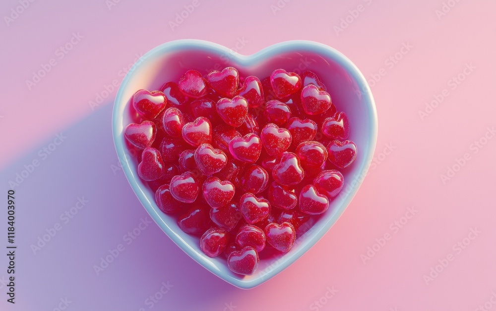 A heart-shaped bowl filled with red and pink candies, set against a pastel background for Saint Valentines Day A heart-shaped bowl filled with red and pink candies, set against a pastel background for Saint Valentines Day