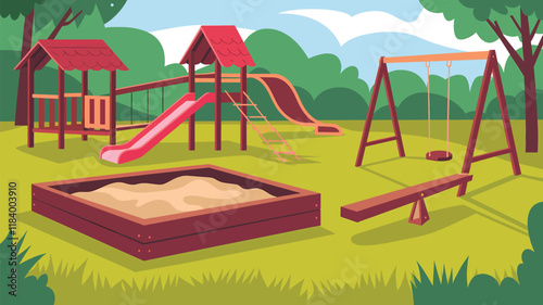 Flat kids playground in park with sandbox, slide and swing, wooden seesaw , flat illustration, digital art