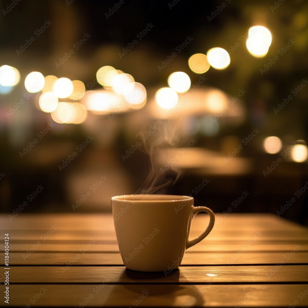 Steaming Coffee Cup in Cozy Nighttime Cafe Ambience Steaming Coffee Cup in Cozy Nighttime Cafe Ambience