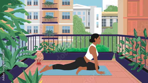 A flat illustration of a woman doing yoga on an apartment balcony decorated with green plants 