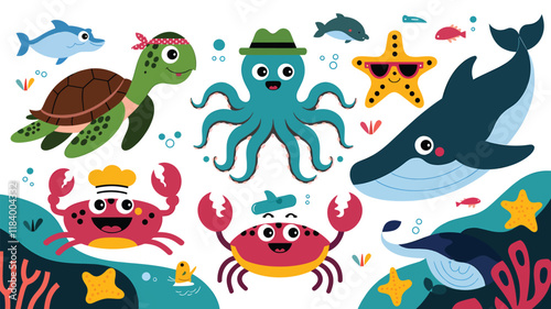 Set of Ocean life with funny characters of turtle, octopus, starfish, crab and squid, Happy dolphin and whale on white background, flat illustration, digital art