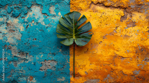 Vibrant Tropical Leaf on a Colorful Wall: A Stunning Abstract Image photo