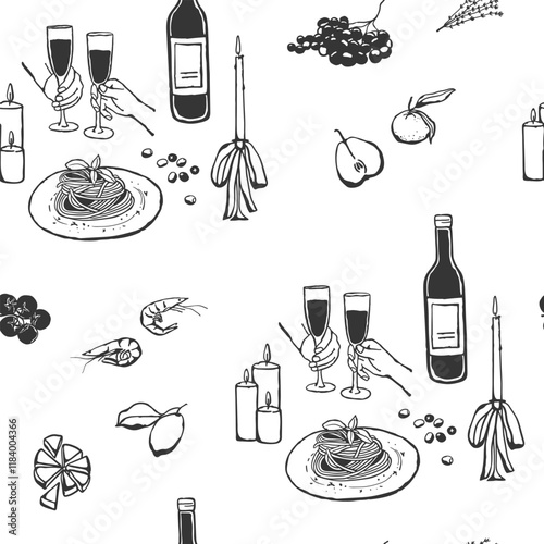 Romantic dinner for two seamless pattern. Different drinks and food hand drawn design for textile, fabric, wrapping paper, gift paper