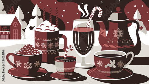 A vector illustration of a cozy and festive winter scene with various hot beverages