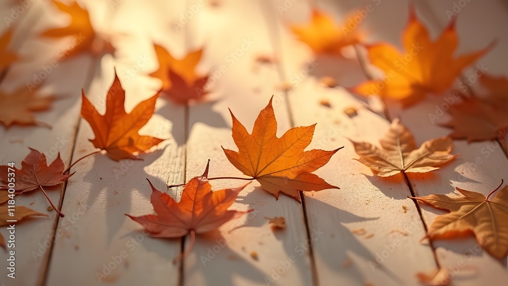 Serene Autumn Tranquility, Soft Focus Dried Maple Leaves on Pastel Wooden Background Serene Autumn Tranquility, Soft Focus Dried Maple Leaves on Pastel Wooden Background