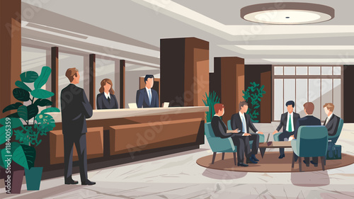 A vector illustration of a hotel lobby with reception desk and several businesspeople sitting and discussing 
