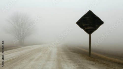 A solitary road sign stands beside a winding dirt road shrouded in dense fog, while a bare tree looms in the background photo