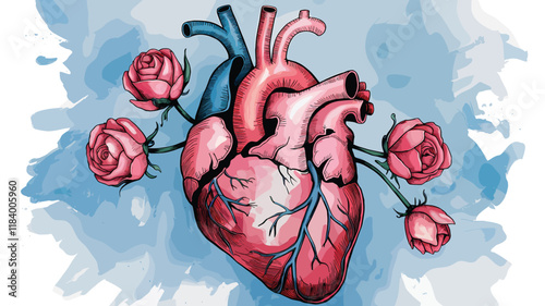 anatomical heart illustration blooms with delicate flowers watercolor style blends scientific accuracy with romantic symbolism of love and emotion
