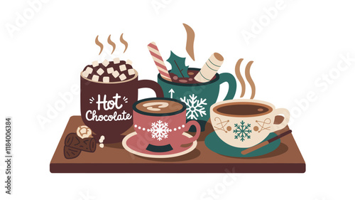 A vector illustration of a cozy and festive winter scene with various hot beverages