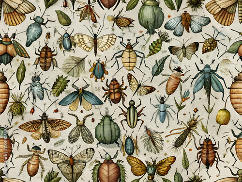 A whimsical seamless pattern featuring vintage illustrations of insects.