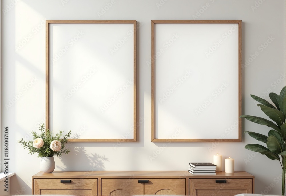Fototapeta premium Eclectic living room with two identical large wooden picture frames on a sideboard, candle, flowers, neutral colors, bright, cozy setting, hyper-realistic 4k
