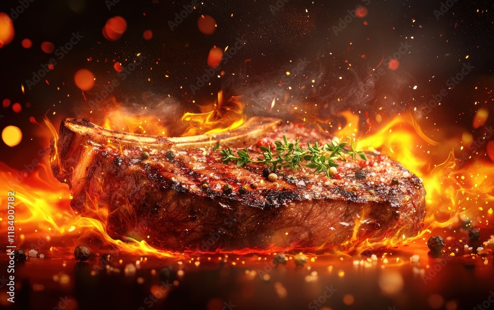 A sizzling steak with dynamic flames and peppercorns swirling around it on a deep orange background A sizzling steak with dynamic flames and peppercorns swirling around it on a deep orange background