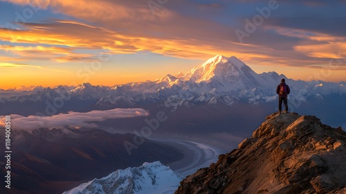A lone traveler standing on a mountain peak, gazing at the panoramic view of snow-capped peaks and vast valleys below. The early morning light creates a golden glow on the landscape, emphasizing 