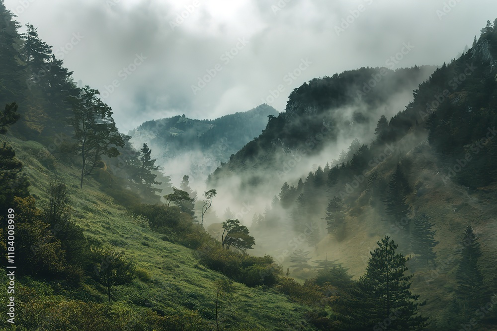 A photo of a green misty forest at the mountains. A photo of a green misty forest at the mountains.