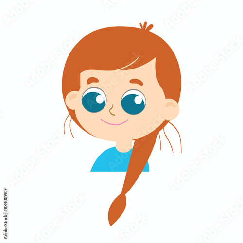 Girl with pigtail smiling in cartoon style isolated on a white background.