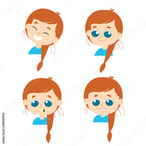 Set of a girl with a pigtail different emotions in cartoon style isolated on a white background.