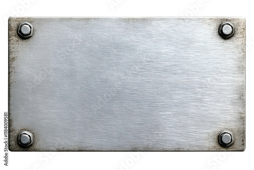 Distressed stainless steel plaque with a brush silver metal texture and screws, png file cut out and isolated on a transparent background, signage stock photo image