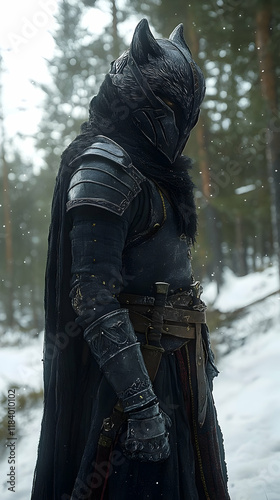 A lone warrior stands in a snowy forest, clad in dark armor, a mysterious and powerful figure in a winter landscape photo