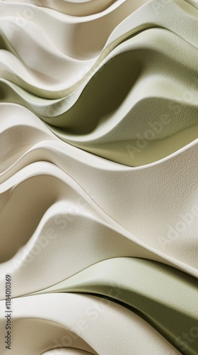 Soft undulating waveforms in pastel olive green intertwine and complement each other, evoking a sense of calm and fluidity in a beautifully textured landscape that invites exploration