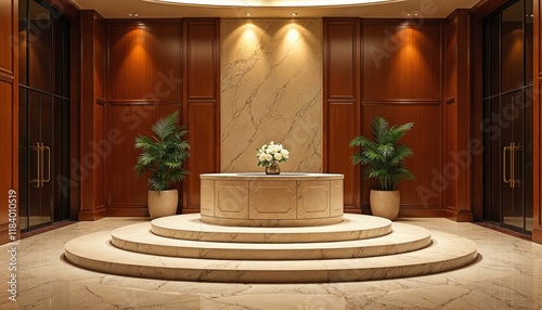 Luxury hotel lobby interior with marble and wood accents. Concept of elegance, hospitality, and travel. photo