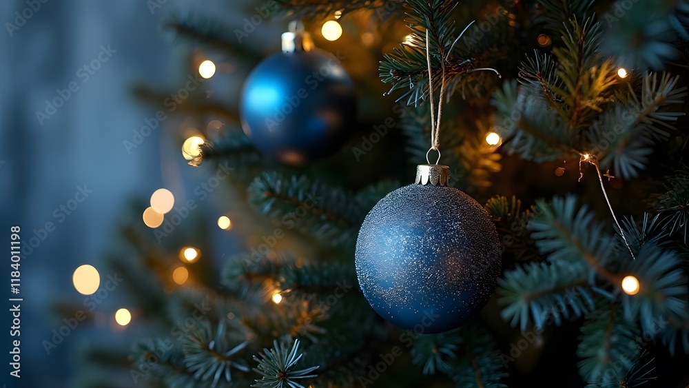 Subtly Decorated Navy Blue Christmas Tree with Fairy Lights and Soft Ornaments, Festive Holiday Celebration Image Subtly Decorated Navy Blue Christmas Tree with Fairy Lights and Soft Ornaments, Festive Holiday Celebration Image