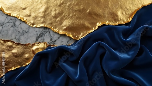 Luxurious Navy Velvet, Gold Leaf & Marble Texture Composition, Elegant Abstract Background Image photo