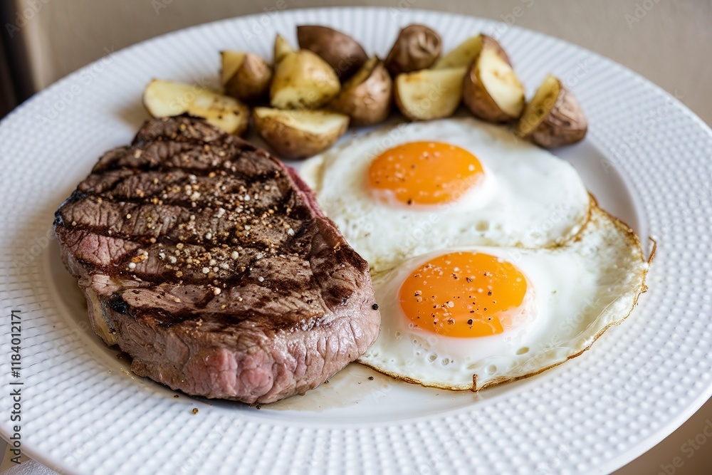 a plate with a grilled steak, two sunny-side-up eggs, and roasted potatoes a plate with a grilled steak, two sunny-side-up eggs, and roasted potatoes