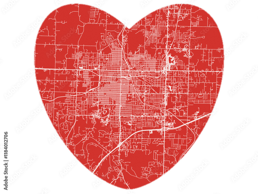 Heart-Shaped Map of Joplin Missouri, USA in Bold Red and White Design. Heart-Shaped Map of Joplin Missouri, USA in Bold Red and White Design.
