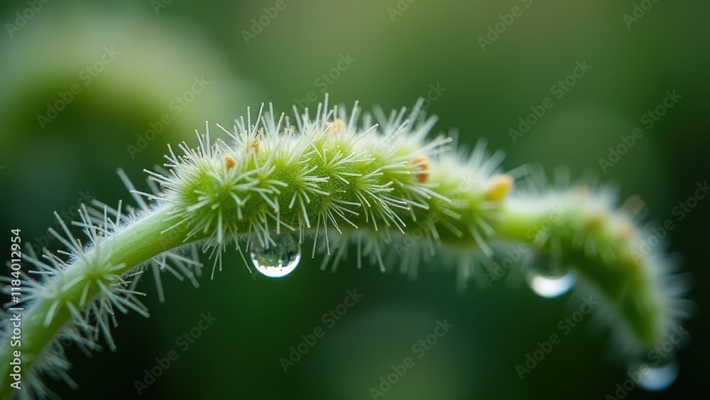 Close-Up of Dew Drops on a Hairy Plant Stem at Sunrise
Close-Up of Dew Drops on a Hairy Plant Stem at Sunrise