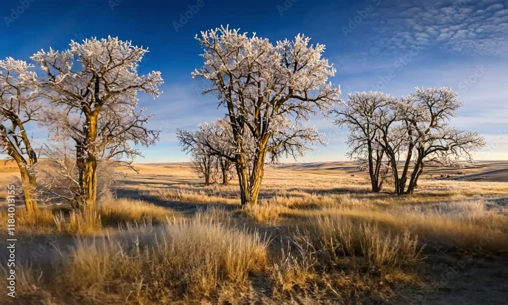 Winter's embrace: frost-covered trees in a serene prairie landscape Winter's embrace: frost-covered trees in a serene prairie landscape