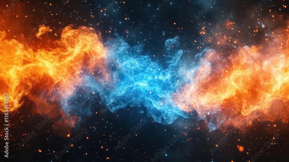 Naklejka premium Fiery, icy swirls collide in cosmic space; abstract background