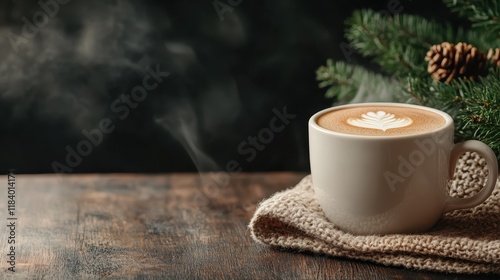 A steaming cup of coffee with leaf art sits on a textured cloth next to a pine branch, evoking a serene winter morning feel with its rustic charm. photo