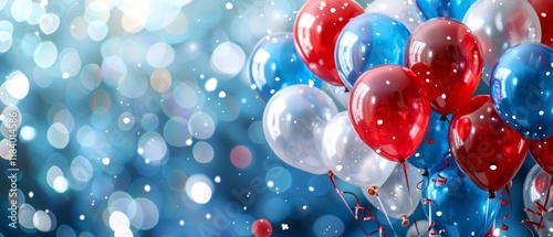 Bright balloons of red, blue and white colors on a background of shining lights. Suitable for holiday and children's themes, as well as for greeting card design.
