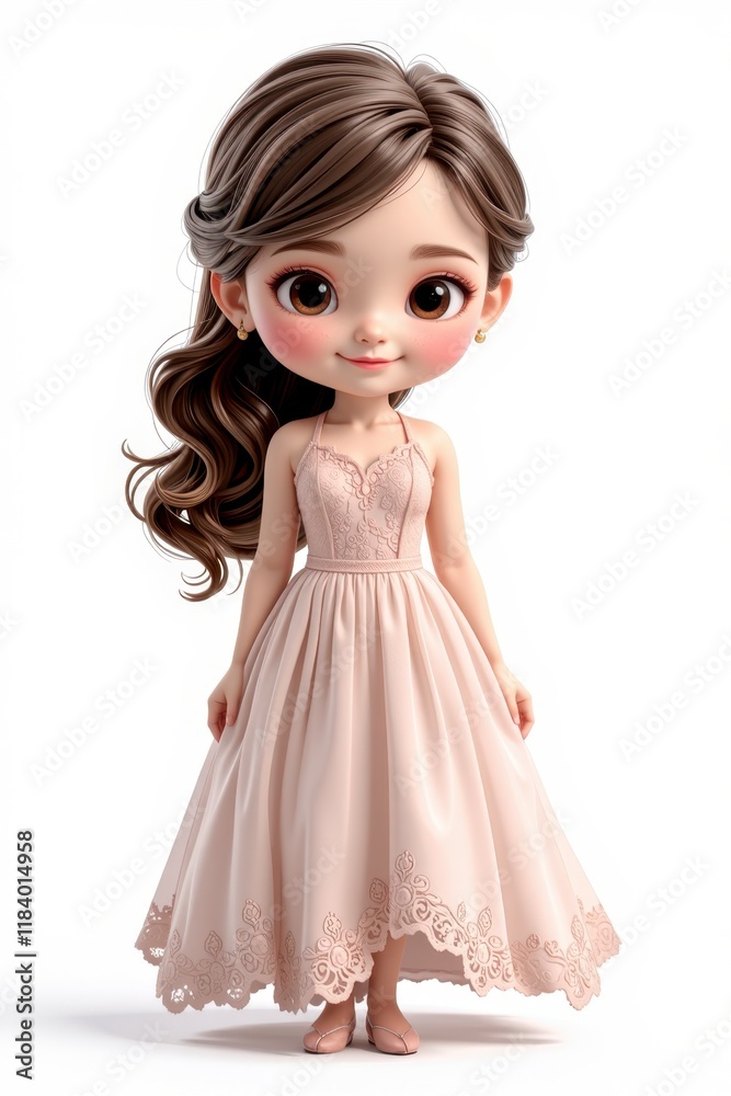 Adorable Cartoon Girl in Elegant Peach Lace Dress 3D Render Adorable Cartoon Girl in Elegant Peach Lace Dress 3D Render