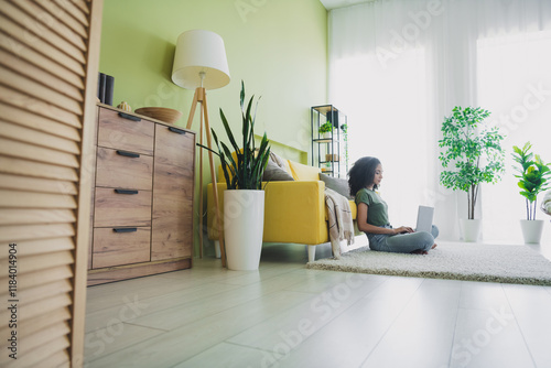 Full length profile portrait of nice young girl sit carpet use laptop green interior living room flat indoors photo